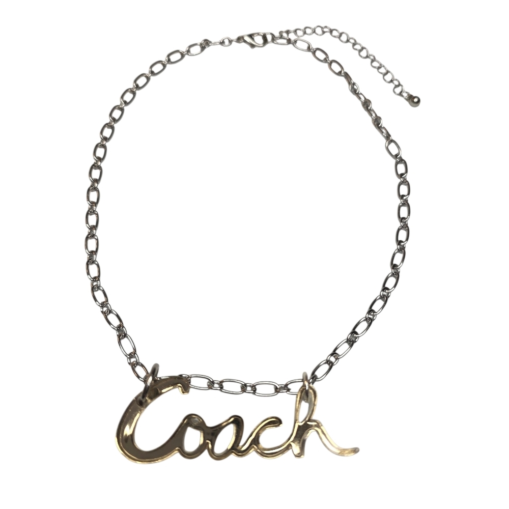 Coach Poppy Cursive Logo Nameplate Acrylic Gold Pendant On Silver Chain Necklace - Picture 5 of 8